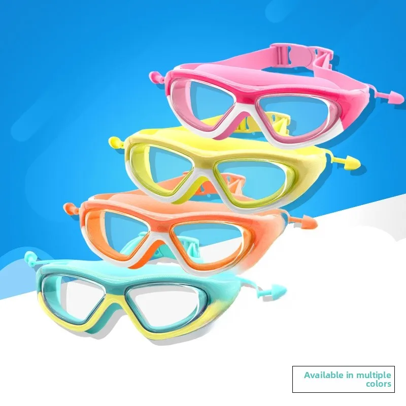 

Детские очки для плавания, профессиональные, с плоскими линзами высокой четкости, с большой оправой, силиконовые, водонепроницаемые, противотуманные, с затычками для ушей для мальчиков...