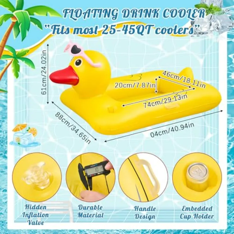 Pool and lake use inflatable duck-shaped floating drink cooler set, PVC material, yellow with white details, holds 25-45 qt coo
