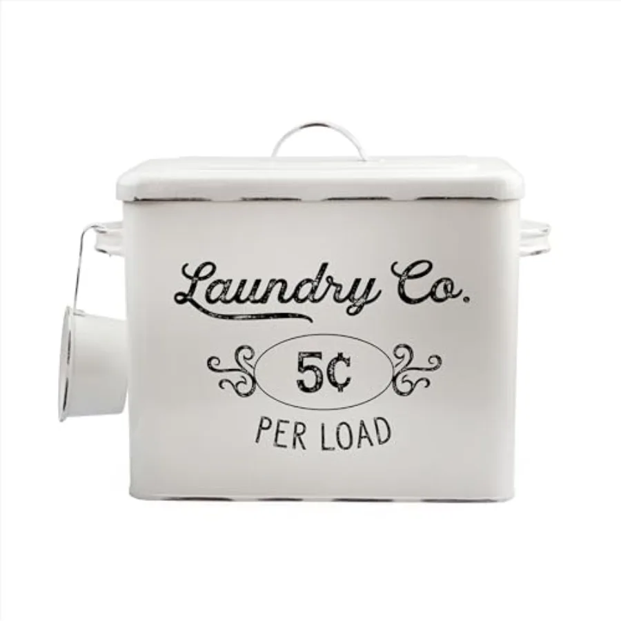 

Farmhouse Laundry Powder Container, White Enamelware Detergent Bin w/Scoop