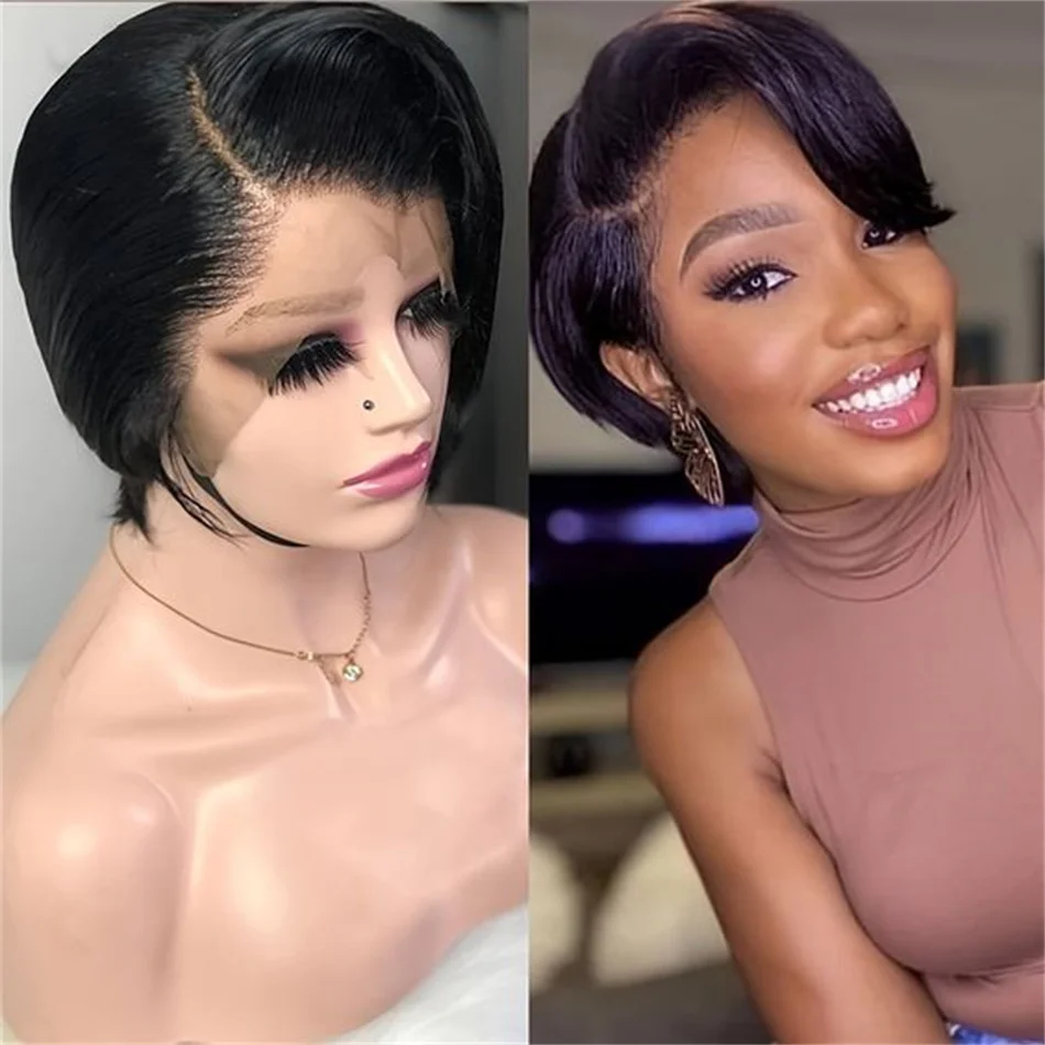 Short Bob Pixie Cut Wig Lace Frontal Straight Transparent Lace Front Human Hair Wigs For Women Preplucked Brazilian Glueless Wig