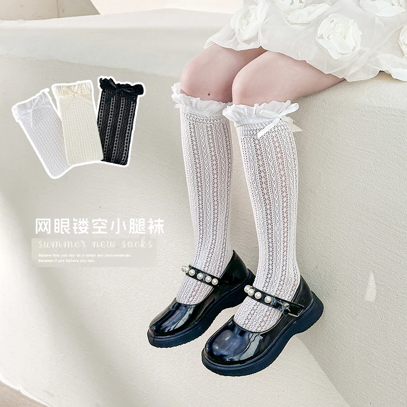 Ultra Thin Hollow Mesh Knee High Socks Designed For Lolita Girls Featuring Cute Bow Accent Lightweight Breathable Stretch Socks