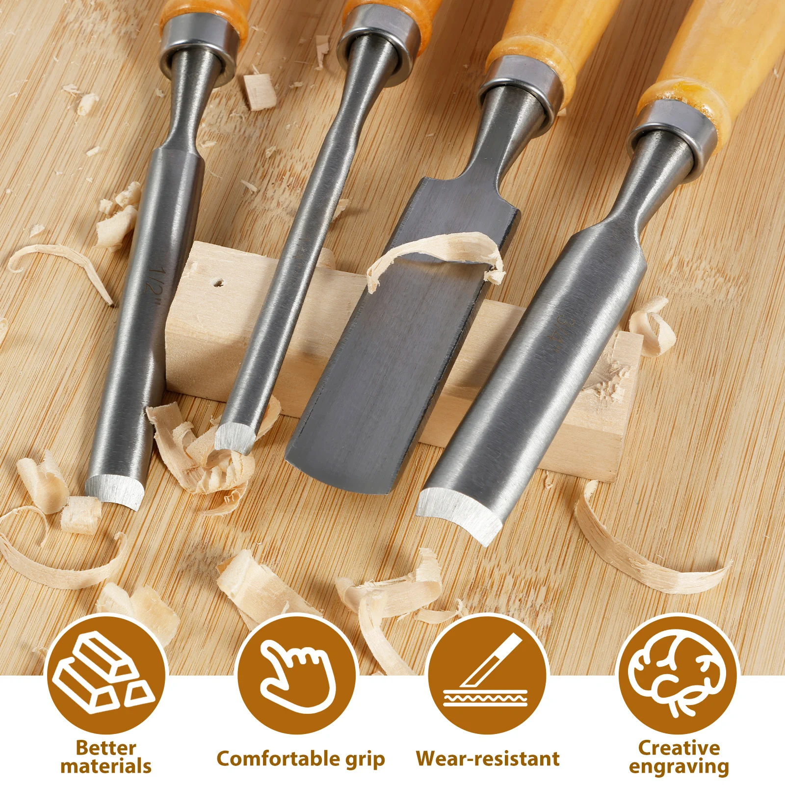 4Pcs Wood Chisel Set Chrome Vanadium Woodworking Chisel Tool Multipurpose Wood Whittling Cutter Carpenter Chisel Hand Tool