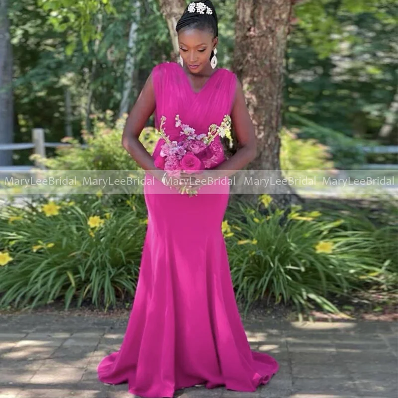 

Fuchsia Mermaid Bridesmaid Dresses Pleat Tulle Strap African Women V-neck Wedding Guest Dress Simple Bride Maids Party Gowns