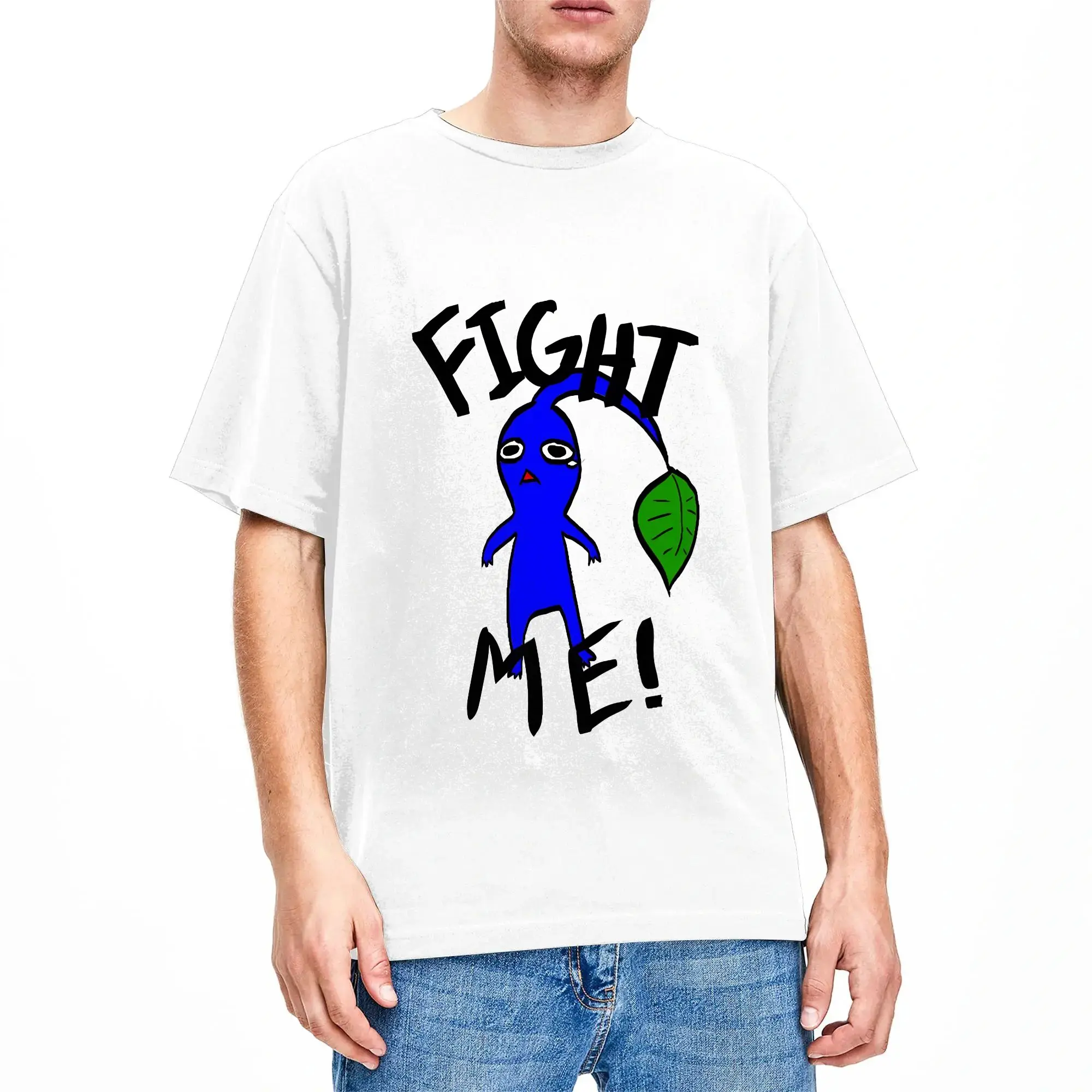 Men T-Shirt Fight Me! Blue T-Shirts Harajuku Pikmins Summer Tees Y2K Retro Cotton Clothing Gift Idea