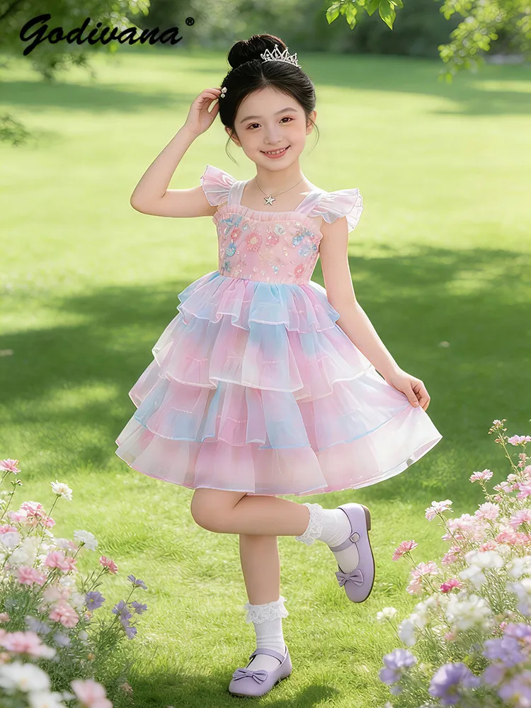 Baby Girls New Summer 2026 Fashion Fluffy Sweet Princess Cake Dress Childrens Feifei Sleeve Mesh Sequin Rainbow Gradient Gown