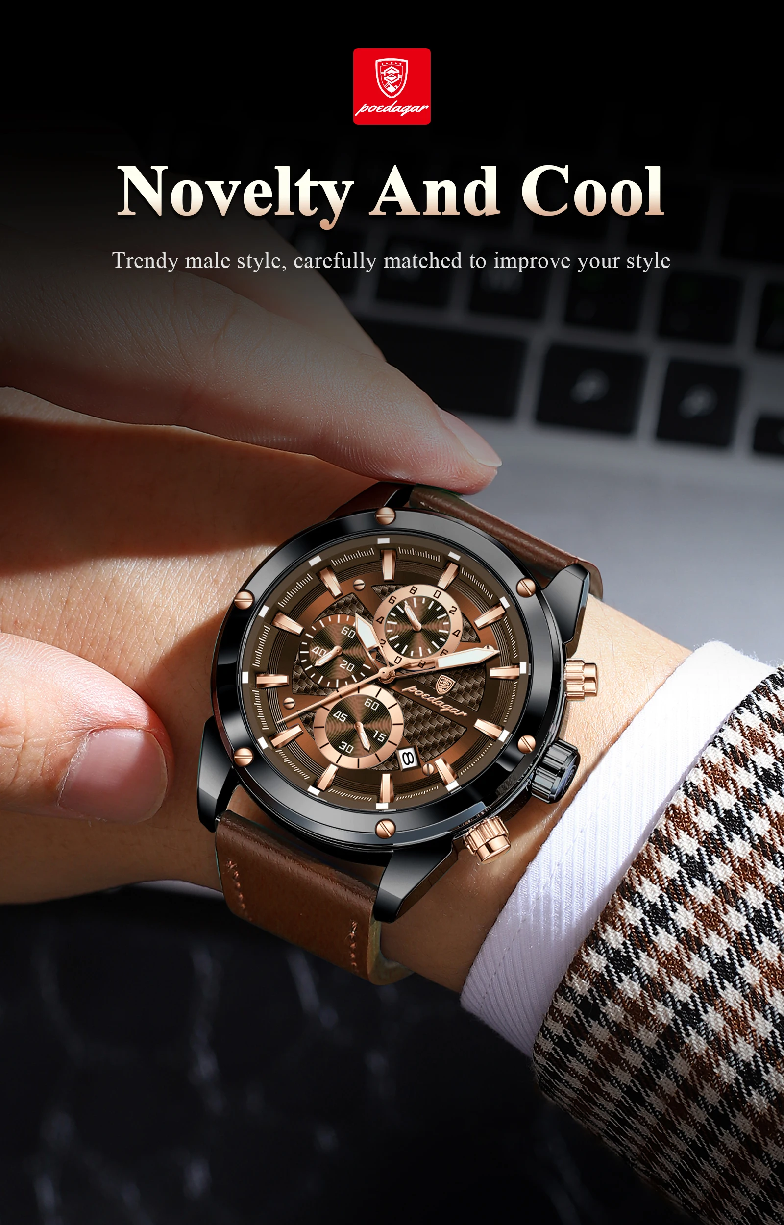 POEDAGAR High Quality Quartz Man Clock Waterproof Luminous Chronograph Date Men Wristwatch Leather Luxury Business Men's Watches