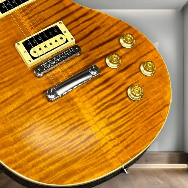 Hot Sales LPX Style Electric Guitar Amber Burst Gloss Tiger Maple Top Silver Hardware Trapezoid Pearl Inlay 6 String Guitar
