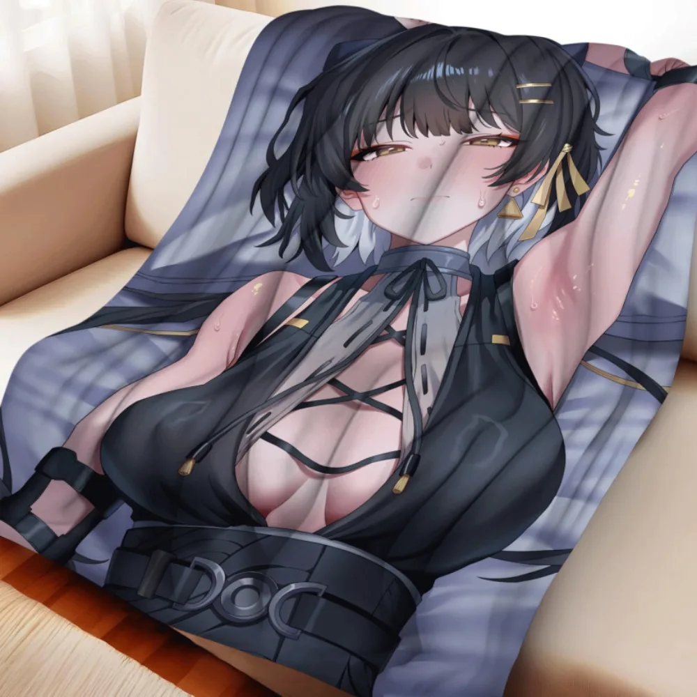 Anime Flannel Throw Blanket Yangyang Messy Black Short Hair Amber Eyes Stylish Dark Costume Anime Girl Soft Warm Bedding