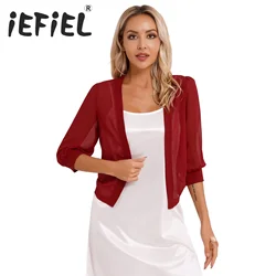 Womens Chiffon Shrug Cardigan Jacket 3/4 Puff Sleeve Solid Color Semi See-Through Wrap Bolero Open Front Cover Ups Beachwear