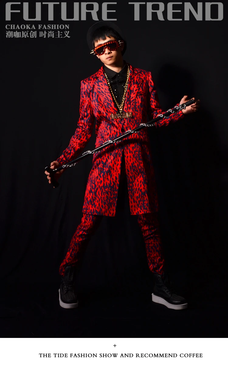 

Mans Costume Sexy Attractive Red Leopard Long Suit Pants Bar DJ Singer Stage DS Hair Fashion Hair Stylist Performance Clothes