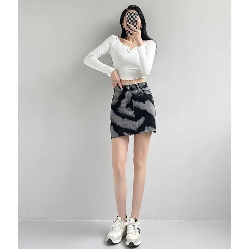 Black Denim Skirt Female High Waist Design Tie-dye A-line Skirt for Women