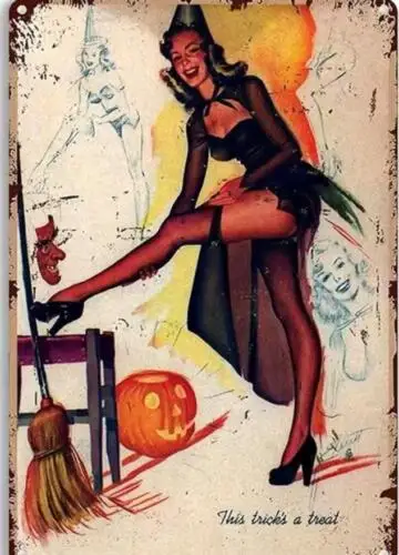 HALLOWEEN TIN SIGN PIN UP AND PUMPKIN THIS TRICKS A TREAT FALL DECOR WALL ART