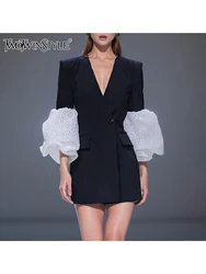 TWOTWINSTYLE Hit Color Patchwork Pocket Sexy Blazer For Women V Neck Puff Sleeve Spliced Single Button Long Coats Female Autumn