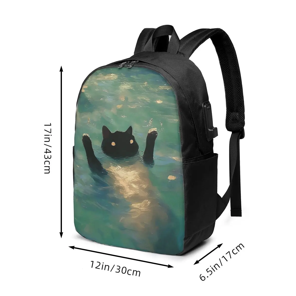 Black Cat Swimming Monet Inspiration Backpack Travel Notebook Bag Computer College Student School Bag Laptop Shoulder Bags
