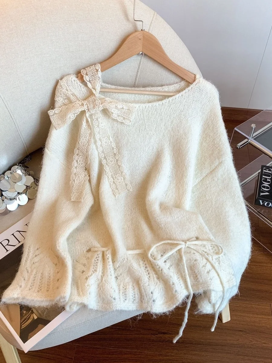 

Новый женский вязаный свитер Sweet Sle с узлом на плече, свободного кроя, с эффектом стройности, осенне-зимний, белый