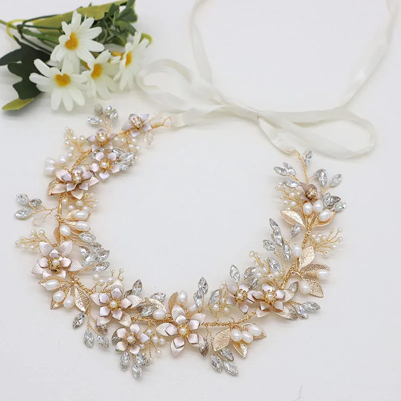 

Freshwater Pearls Bridal Headband Soft Tiara Handmade Women Hair Vine Wedding Jewelry Floral Leaf Headpiece