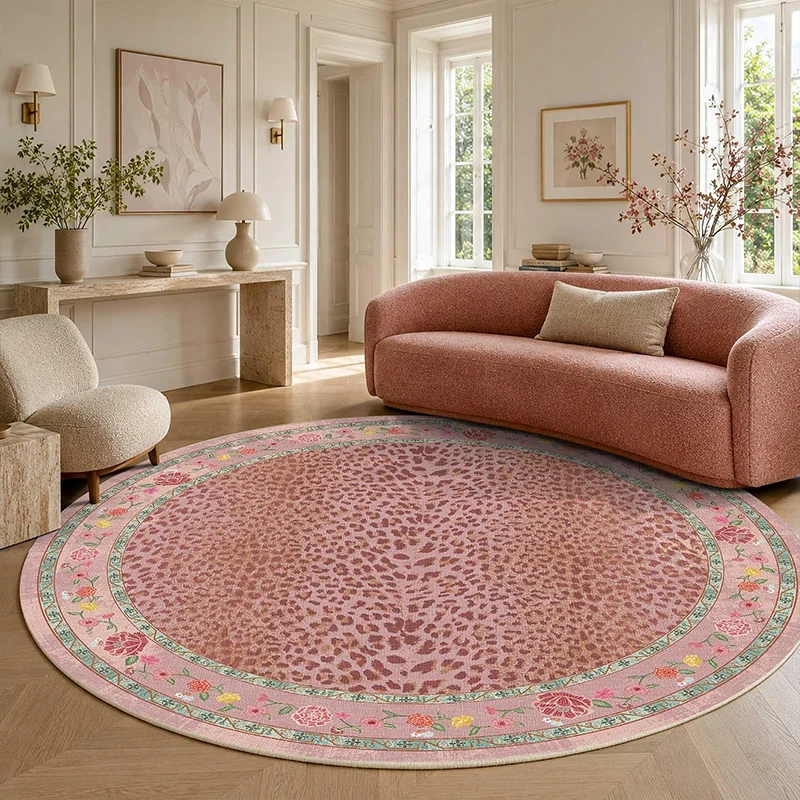 Living Room Carpet Soft Comfortable Bedroom Rug Non-slip Machine Washable Pink Round Leopard-print Floor Mat Home Decor Rugs