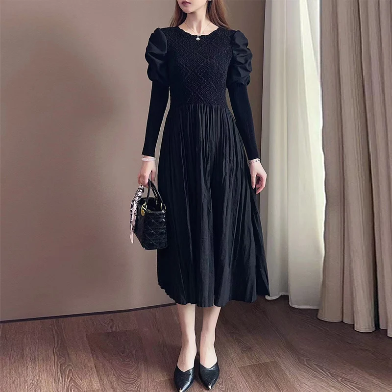 

High Quality Fashion 2024 New Women's Casual Dress Slim Fit Long Sleeve Embossed Pleated Elegant Dress