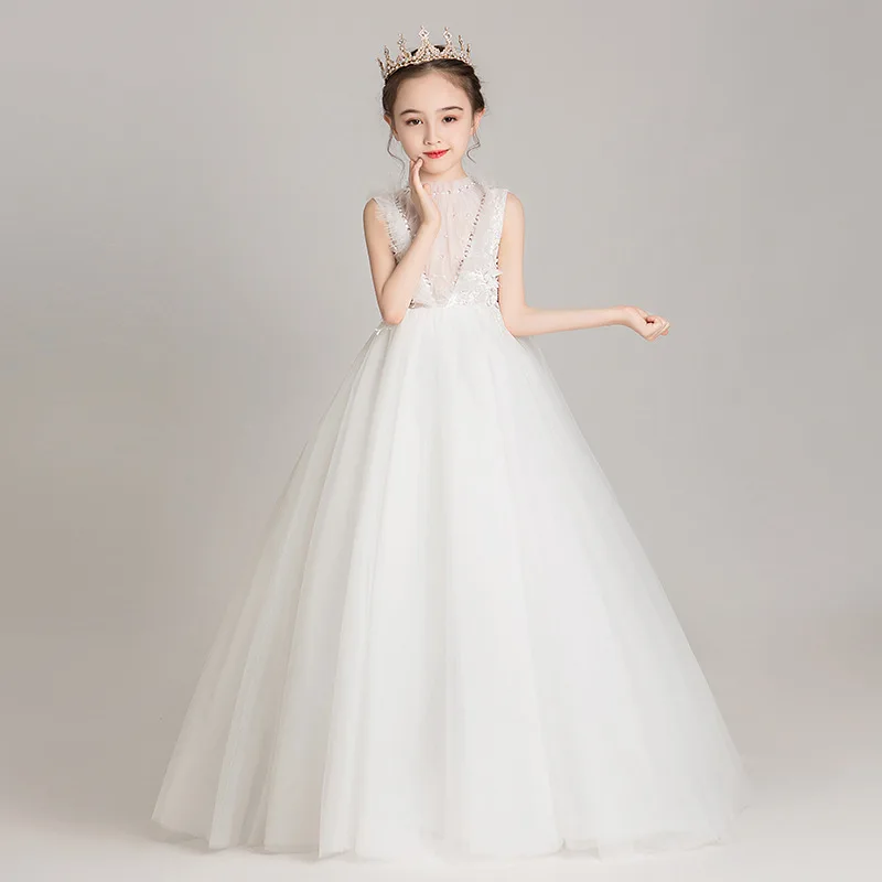 

White Wedding Flower Girl Dress Long Formal Elegant Princess Birthday Party Dresses Kids Puffy Luxury Ball Gown Comunion Vestido