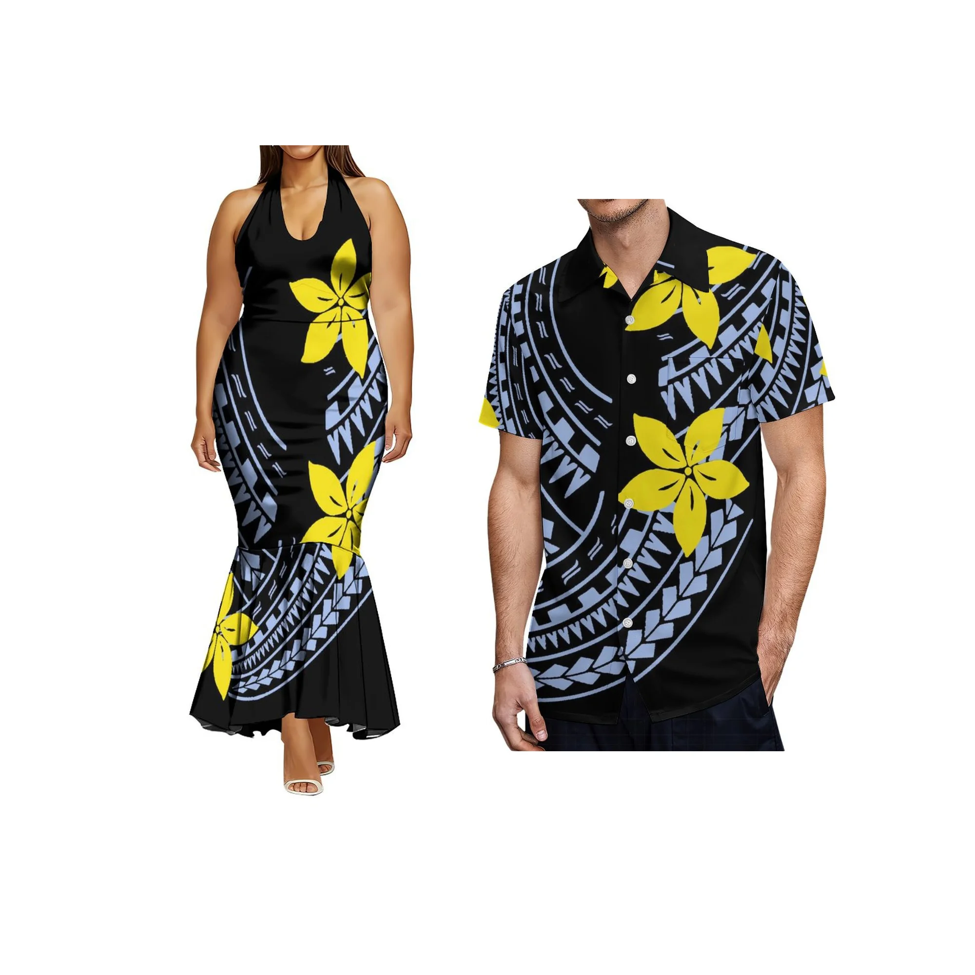 رائجة البيع Bodycon حورية البحر فستان الرسن مباراة حجم كبير ألوها الرجال قمصان صيفية الجانب سستة فساتين مخصص زوجين الملابس 2 قطعة