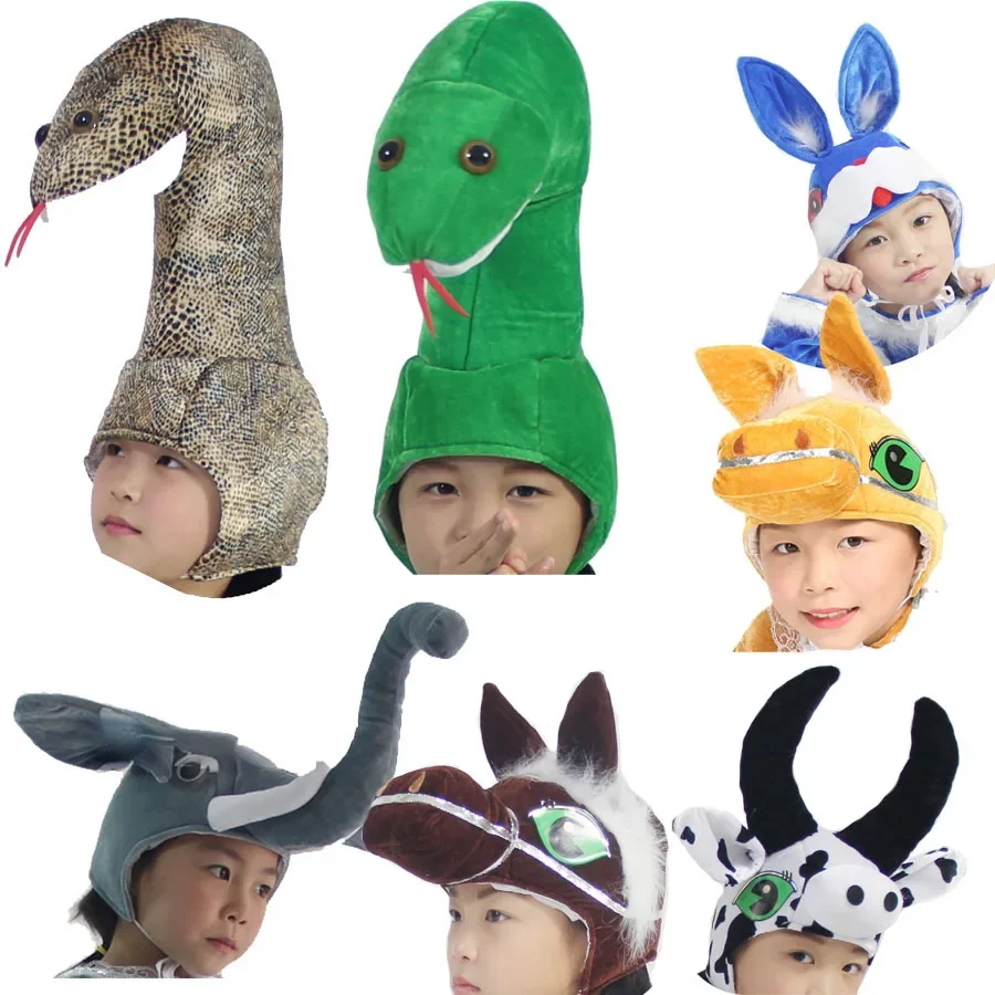 Novelty Children Kids Aldult Farm Animal Costume Hat Theme Party Dress Up Plush Rooster Horse Sheep Dragon Rabbit Mouse Headwear