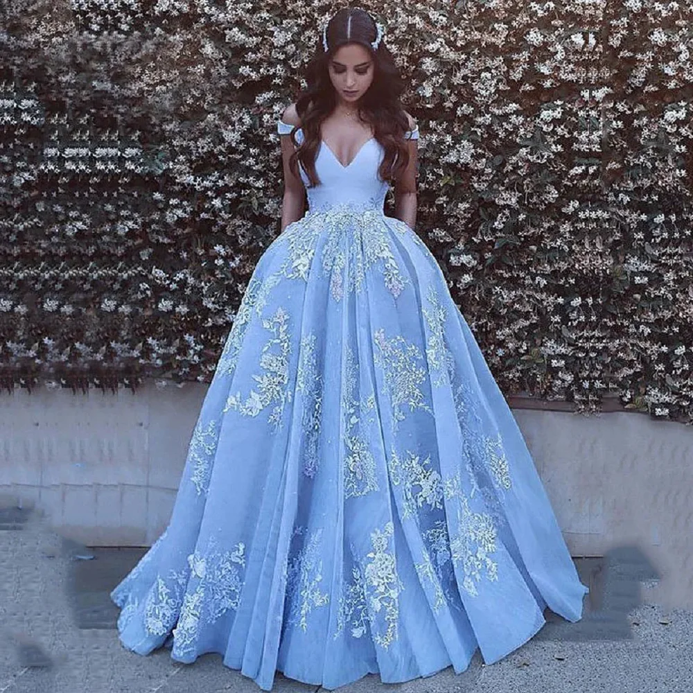 

Customized Off the Shoulder Satin Prom Dresses Ball Gown robe de soiree Lace Appliques Prom Evening Gown Quinceanera Gowns