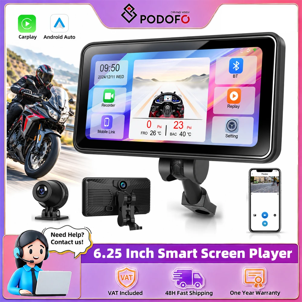 Podofo Cruscotto Digitale per Moto da 6,25 Pollici, Carplay Wireless, Android Auto, Lettore Intelligente Portatile, Schermo HD, Radio Stereo, Sistema di Guida Intelligente, Impermeabile IP68