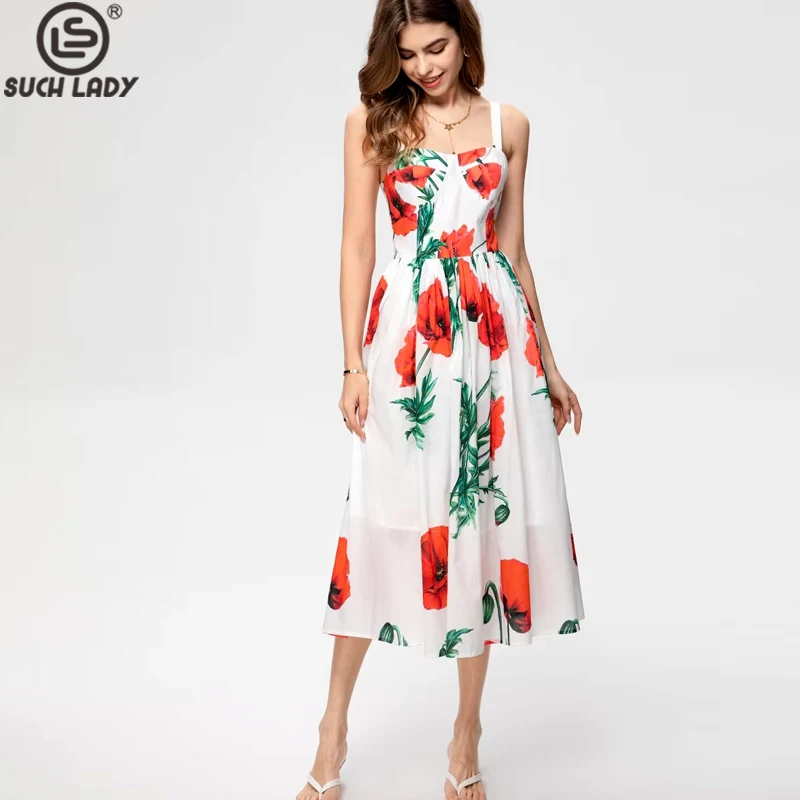 

Women's Runway Dresses Spaghetti Straps Floral Printed High Street Fashion Casual Holiday Mid Vestidos