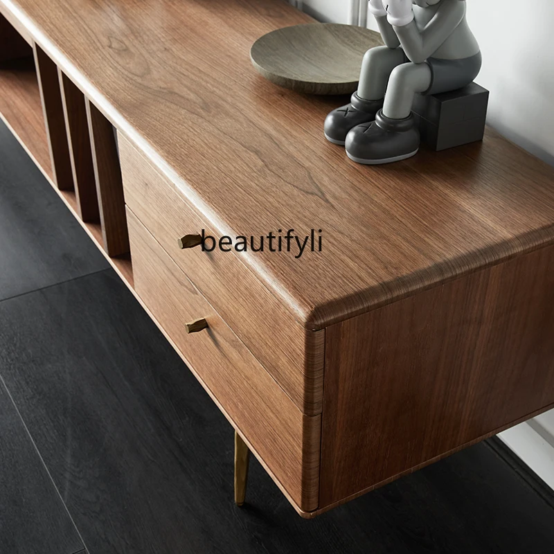 Nordic TV Cabinet Modern Minimalist Living Room Small Apartment Coffee Table TV Cabinet Combination Solid Wood Floor Cabinet