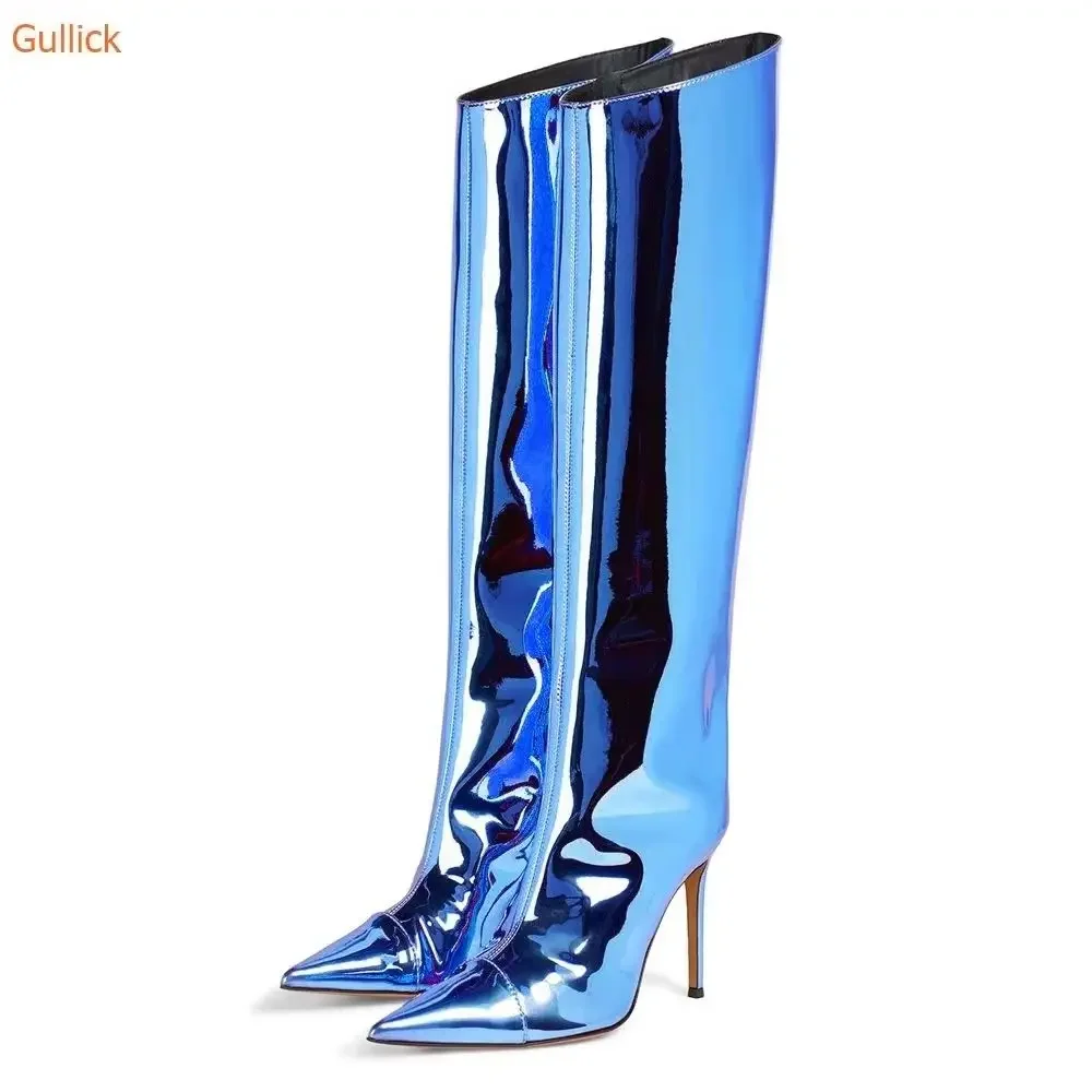 

Women Glossy Patent Leather Boots Thin Heels Zip Pointed Toe Knee High Boots Ladies Shoes Fashion Large Size