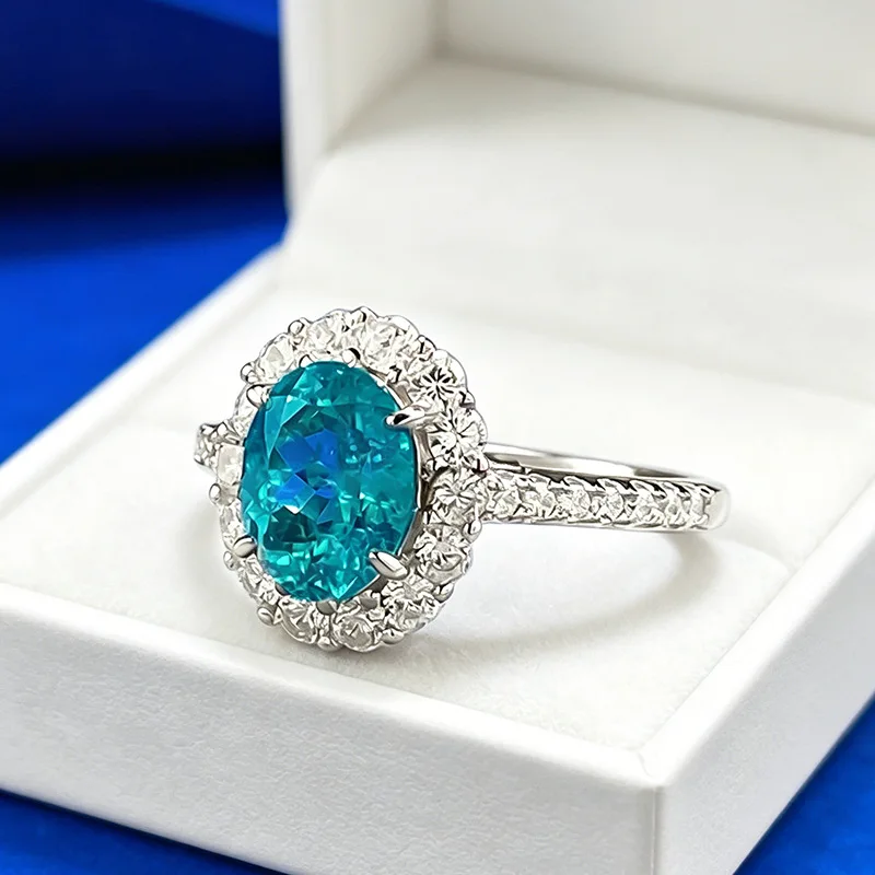 Luxury white gold solid platinum PT950 oval 6*8mm ice cracked Paraiba ring for women