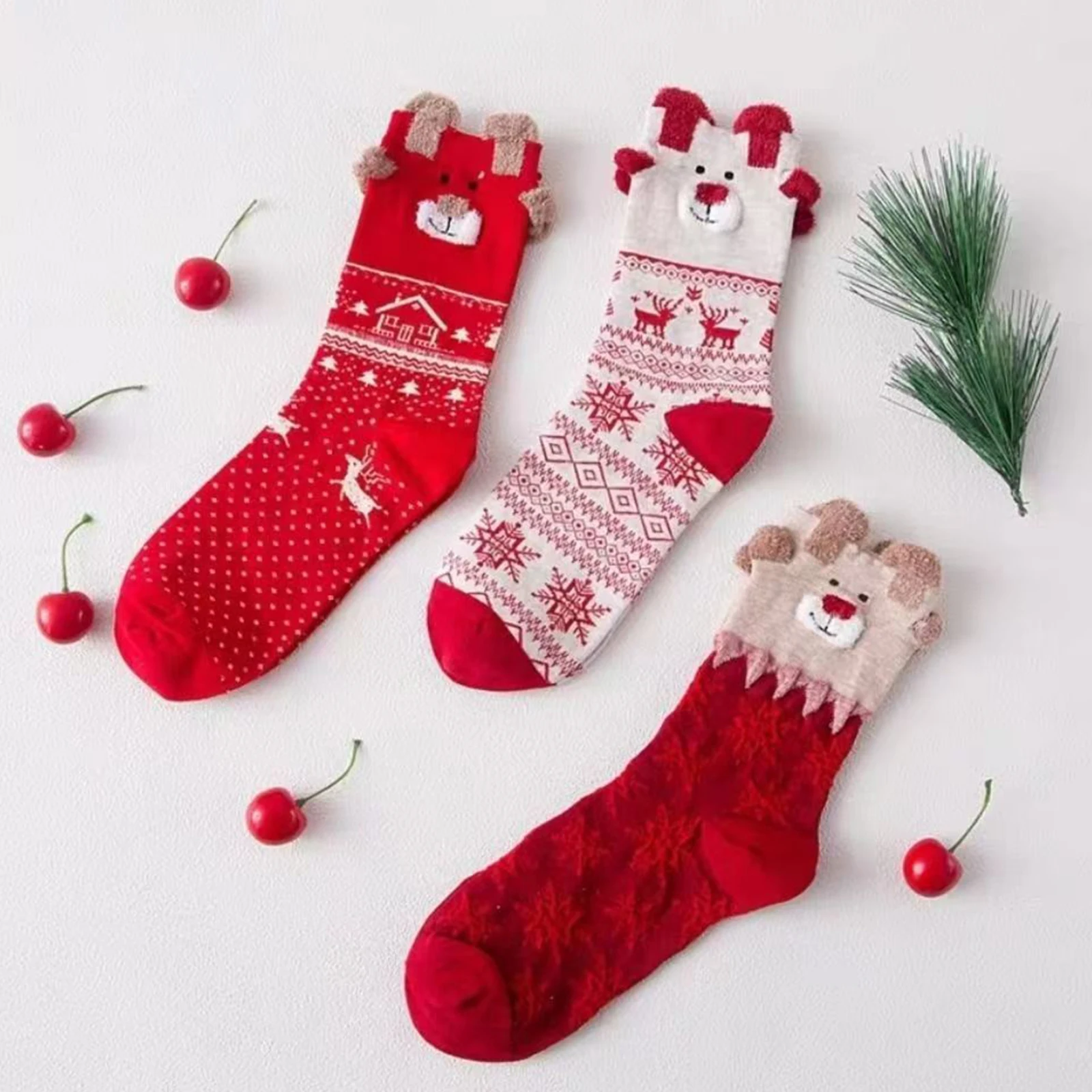 Christmas Socks Set for Women, Holiday Cotton Crew Socks with Santa, Reindeer & Snowflake Patterns, Party & Daily Wear