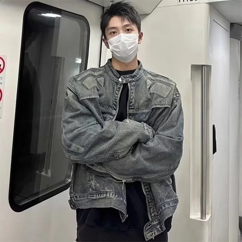 

Мужская джинсовая куртка свободного кроя с воротником-стойкой, тяжелый дизайн Du, осень-зима, большой размер 250, американская верхняя одежда