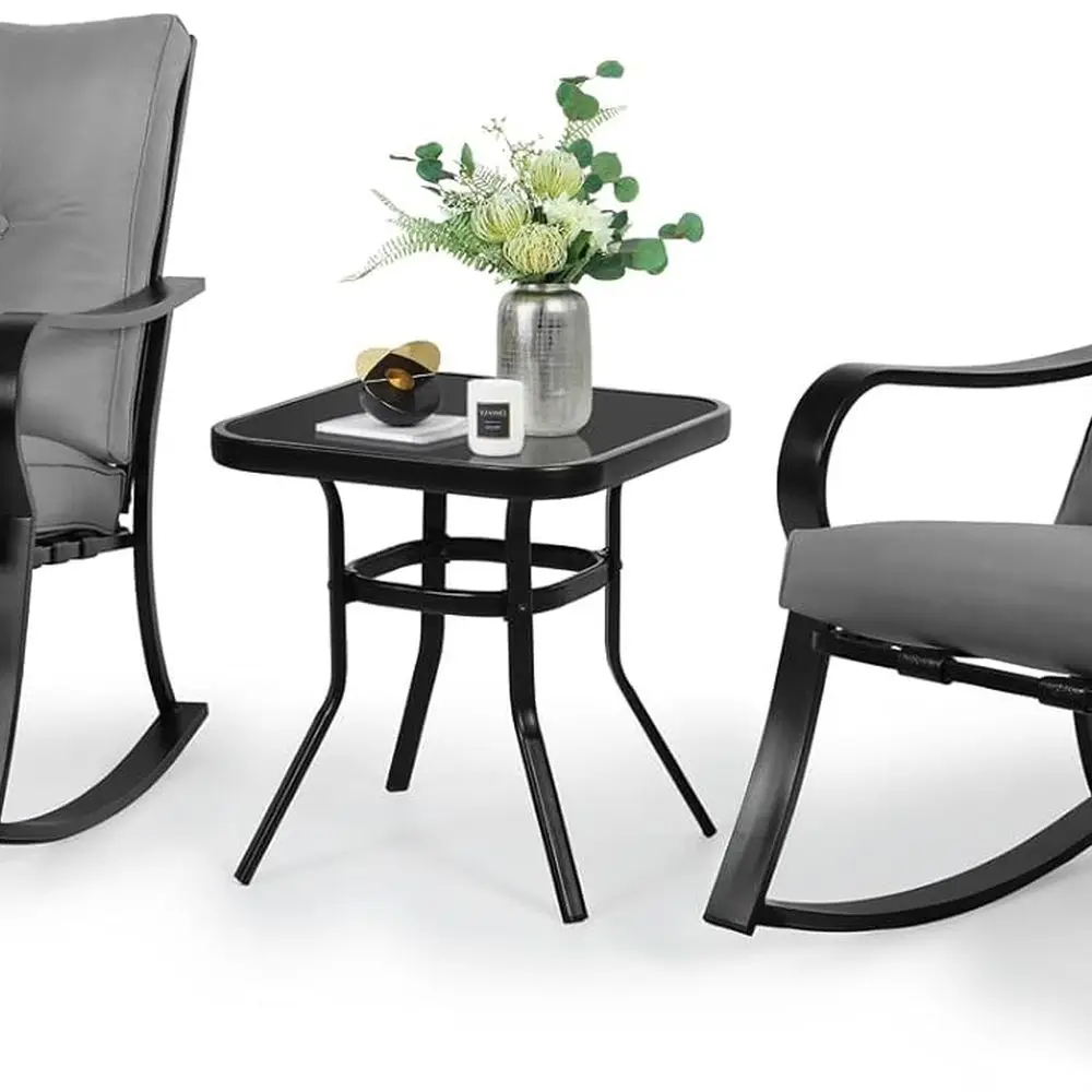 

Outdoor Rocking Chairs Bistro Set, Black Iron Patio Furniture with Gray Thickened Cushion & Glass-Top Coffee Table
