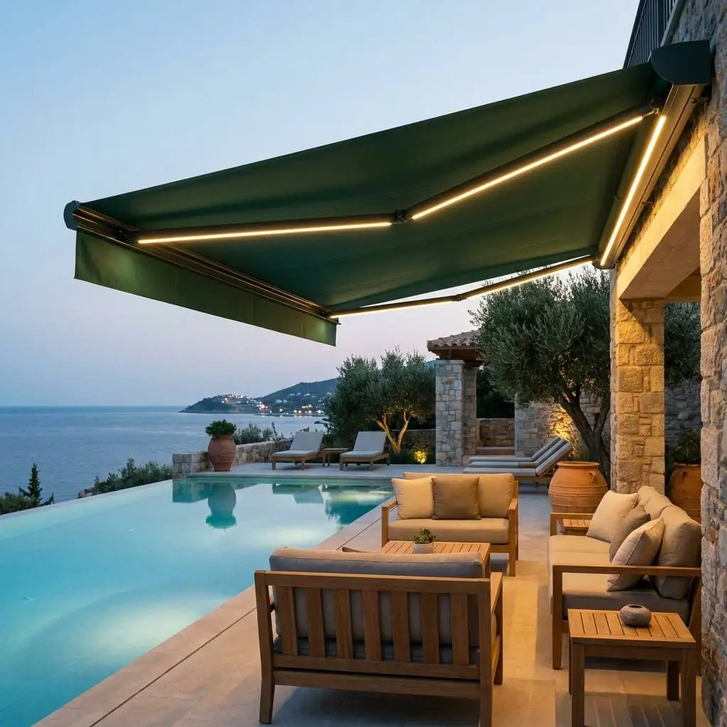 Various Sizes and Colors Outdoor Sunshade All Weather with LED Lights UV Protective Canopy Electrically Retractable Awning