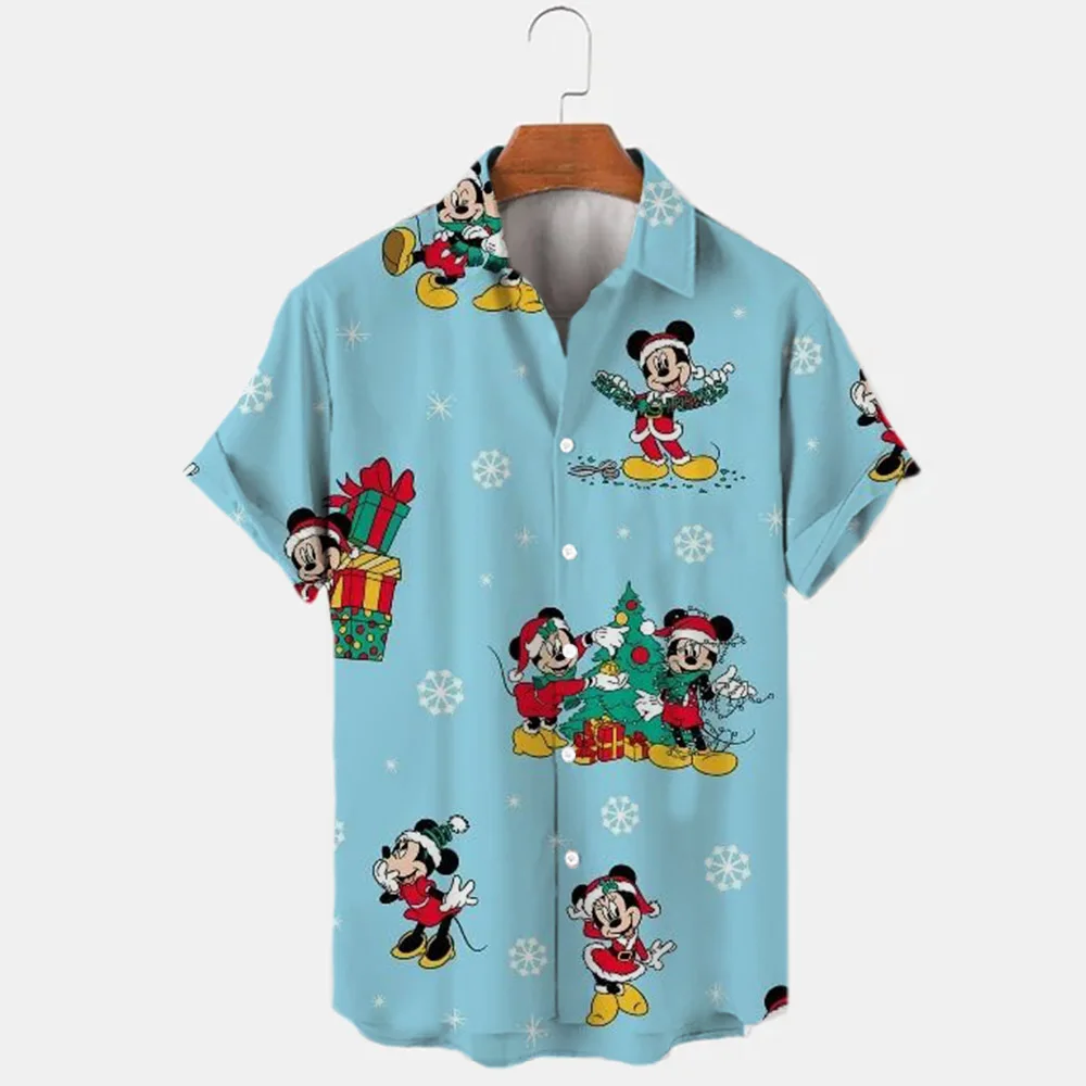 2022 New Christmas Disney Brand Stitch and Mickey Anime 3D Printed Men\'s Lapel Short Sleeve Shirt Harajuku Style Slim Top Y2K