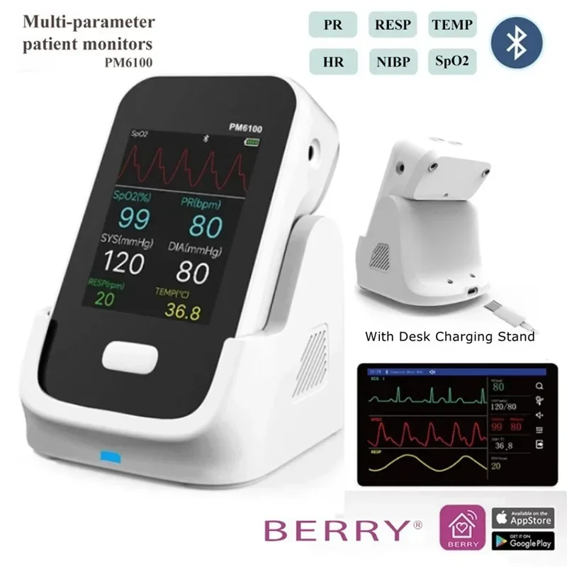 Vital Sign Patient Monitor 6 in 1 Multi Parameter Portable Medical Monitor Bluetooth IOS Android APP Mini Rechargeable