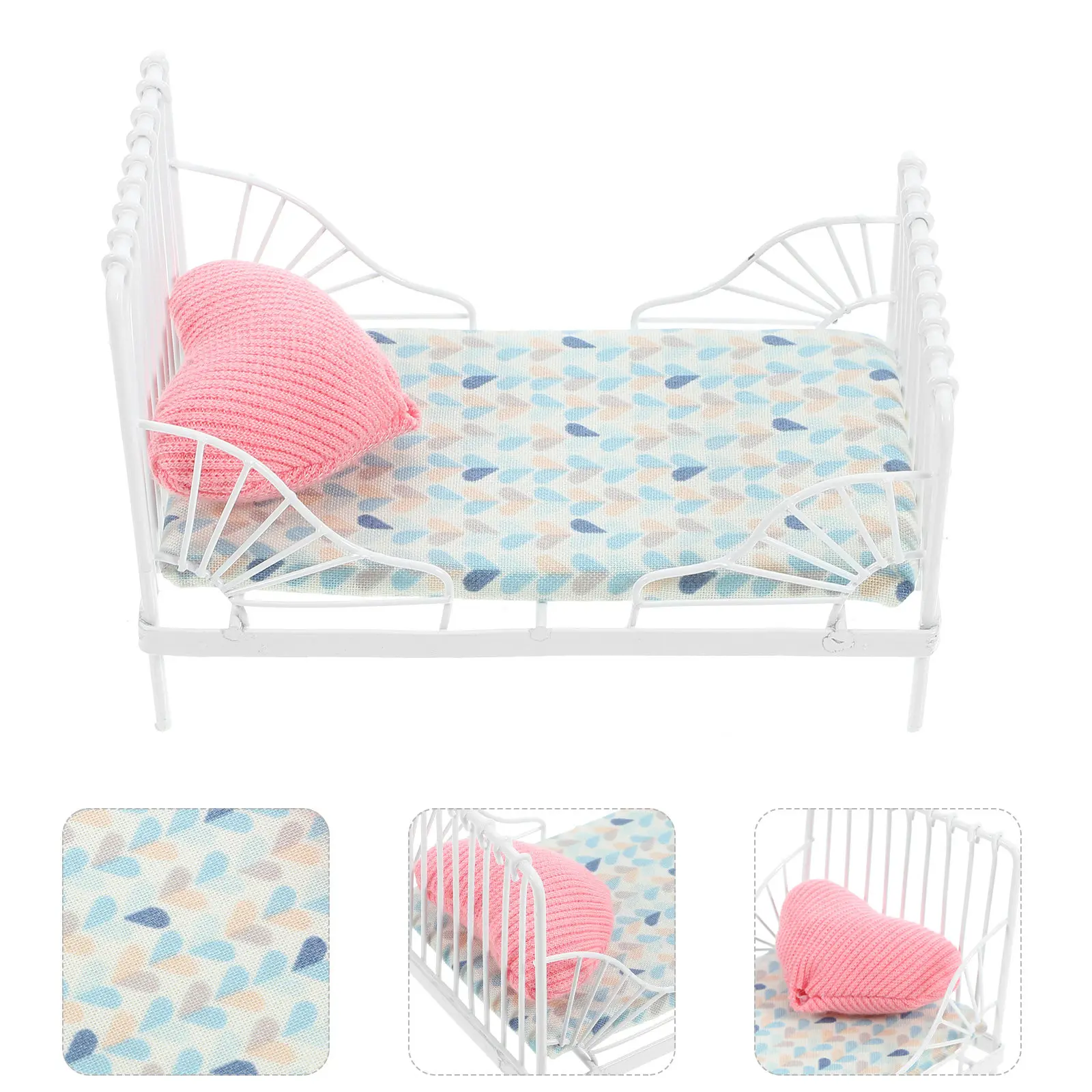

1Set Exquisitely Crafted Mini Iron Bed with Pillow Dollhouse Miniature Furniture Bedroom Scene Realistic Display Prop
