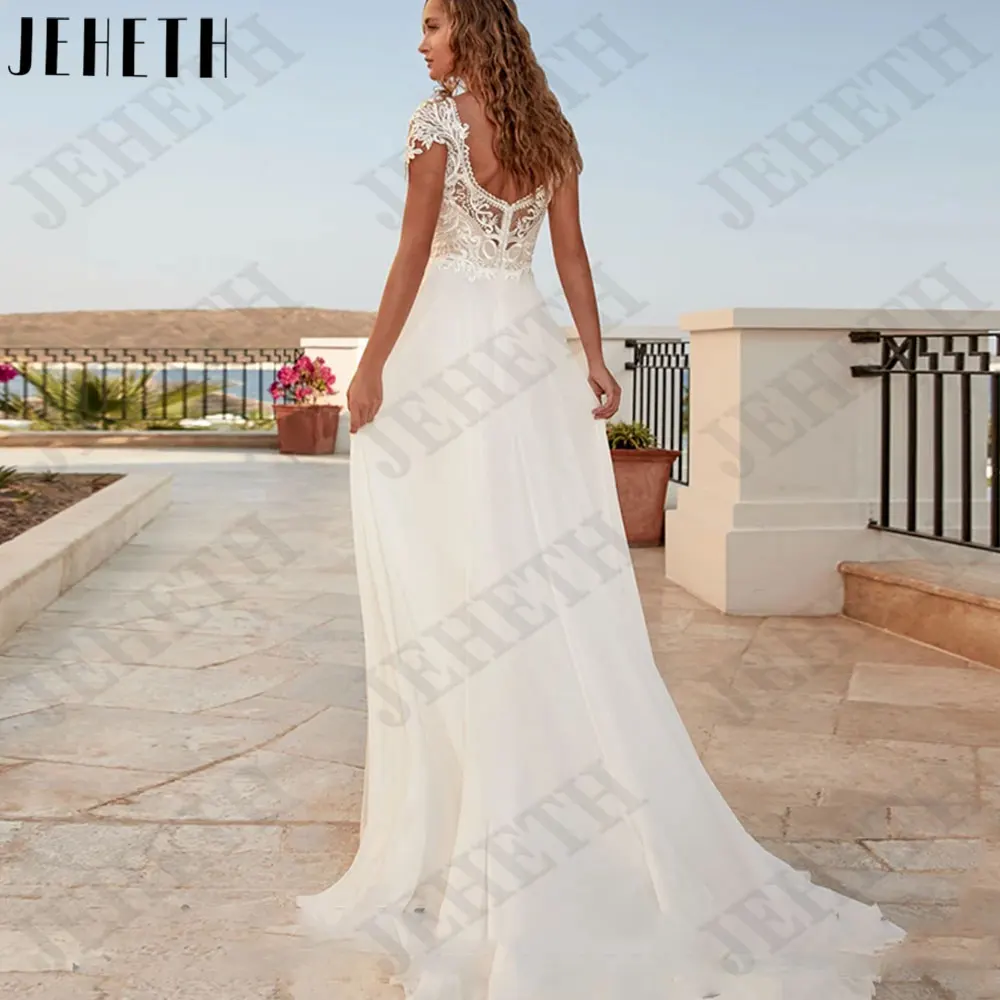 JEHETH-vestidos de novia de encaje con cuello en V, traje bohemio de gasa con mangas cortas, Espalda descubierta, hecho a medida, 2024JEHETH-vestidos de novia de encaje con cuello en V, traje bohemio de gasa con mangas