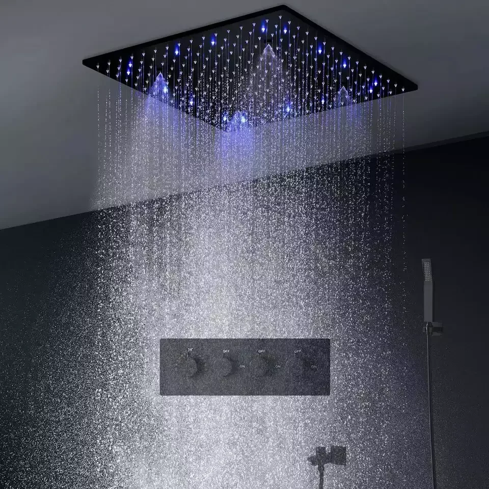 

Matte Black 20 Inch led Thermostatic Bathroom Shower Mixer Two Function Rainfall And Mist Spray Shower System