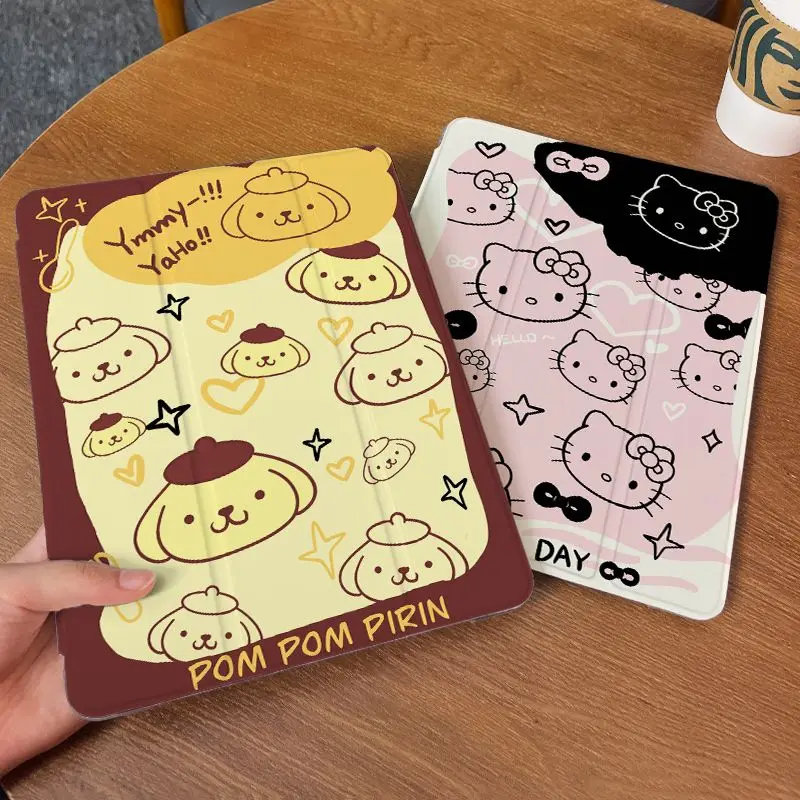 Sanrio HANYODON Hello Kitty การ์ตูน iPad Pro 2024 เคสป้องกันน่ารัก Y + 3 พับใหม่ 9/10 Pom Pom Purin อะคริลิค Air 6 พันรอบ