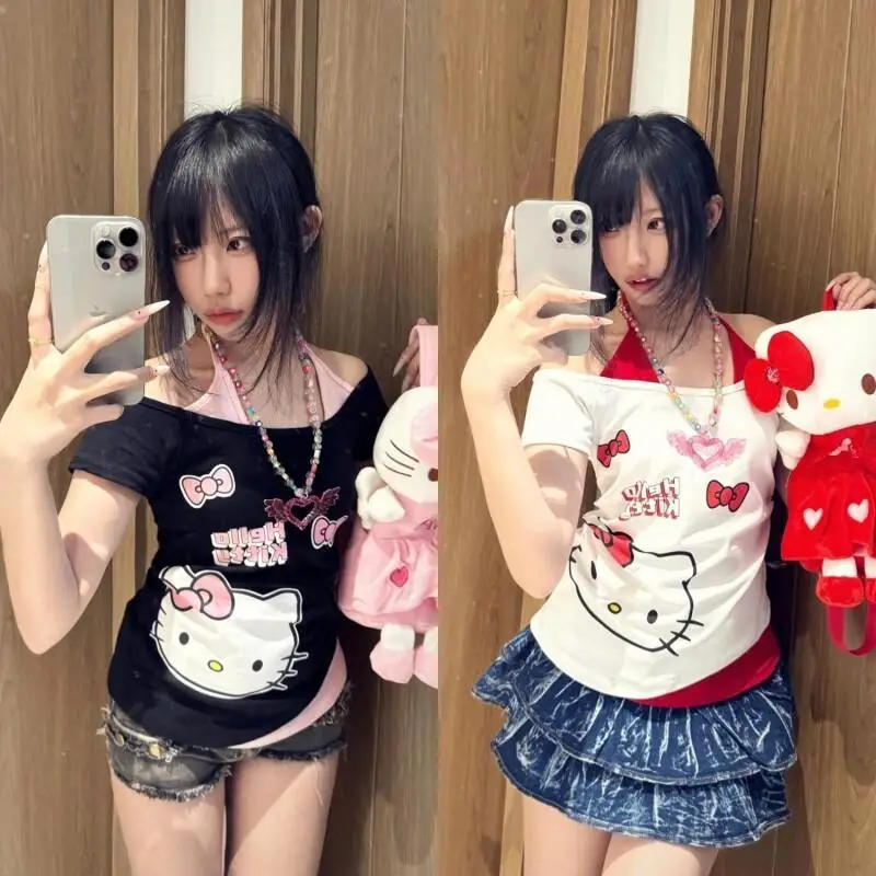 Женская футболка Sanrio Hello Kitty, хлопковая, повседневная, в стиле ретро, с имитацией двухслойности, с открытыми плечами, универсальная, с эффектом утончения талии