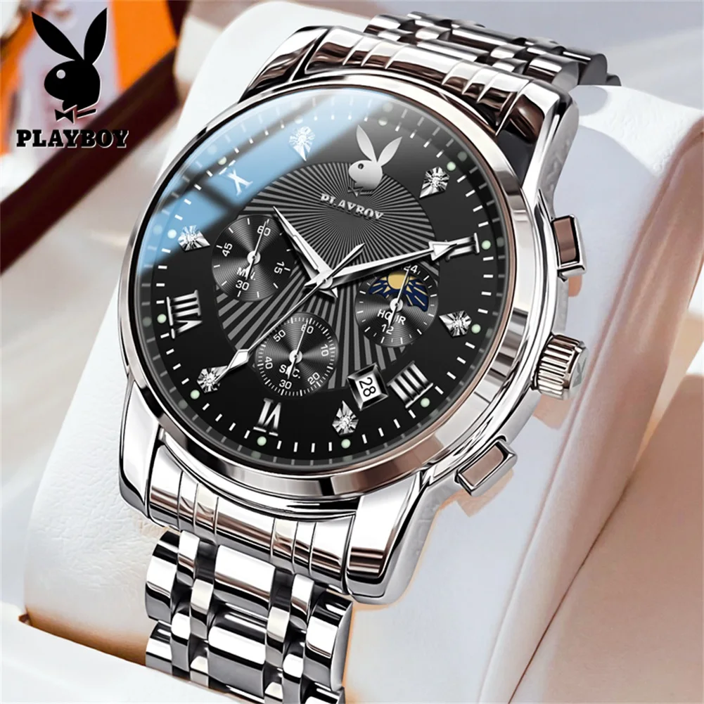 PLAYBOY Top Brand Casual Men Watch Original Stainless Steel Waterproof Quartz Watches for Men High Quality Trend Wrist Watch Men