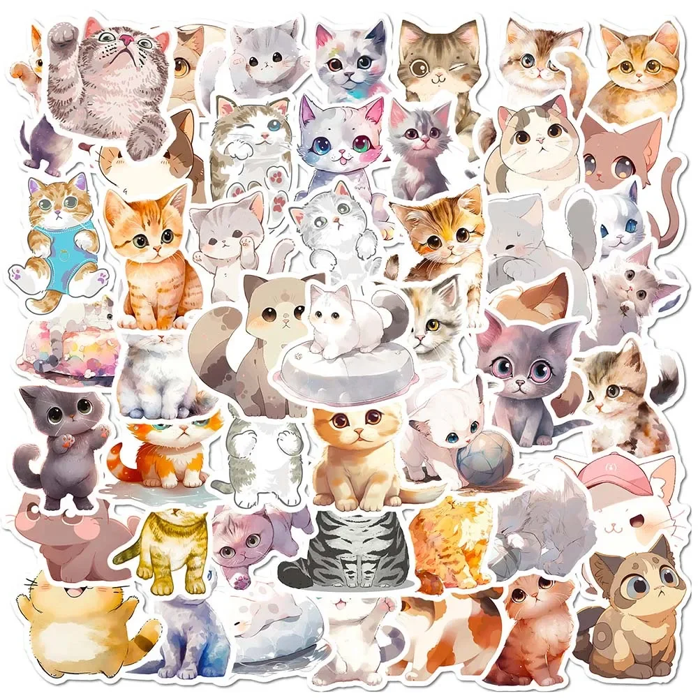 Imagem -02 - Watercolor Cat Stickers Pack para Crianças Decalques de Graffiti Pintura Kawaii Desenhos Animados Bonitos Scrapbooking Bagagem Adesivo do Laptop 50 Pcs