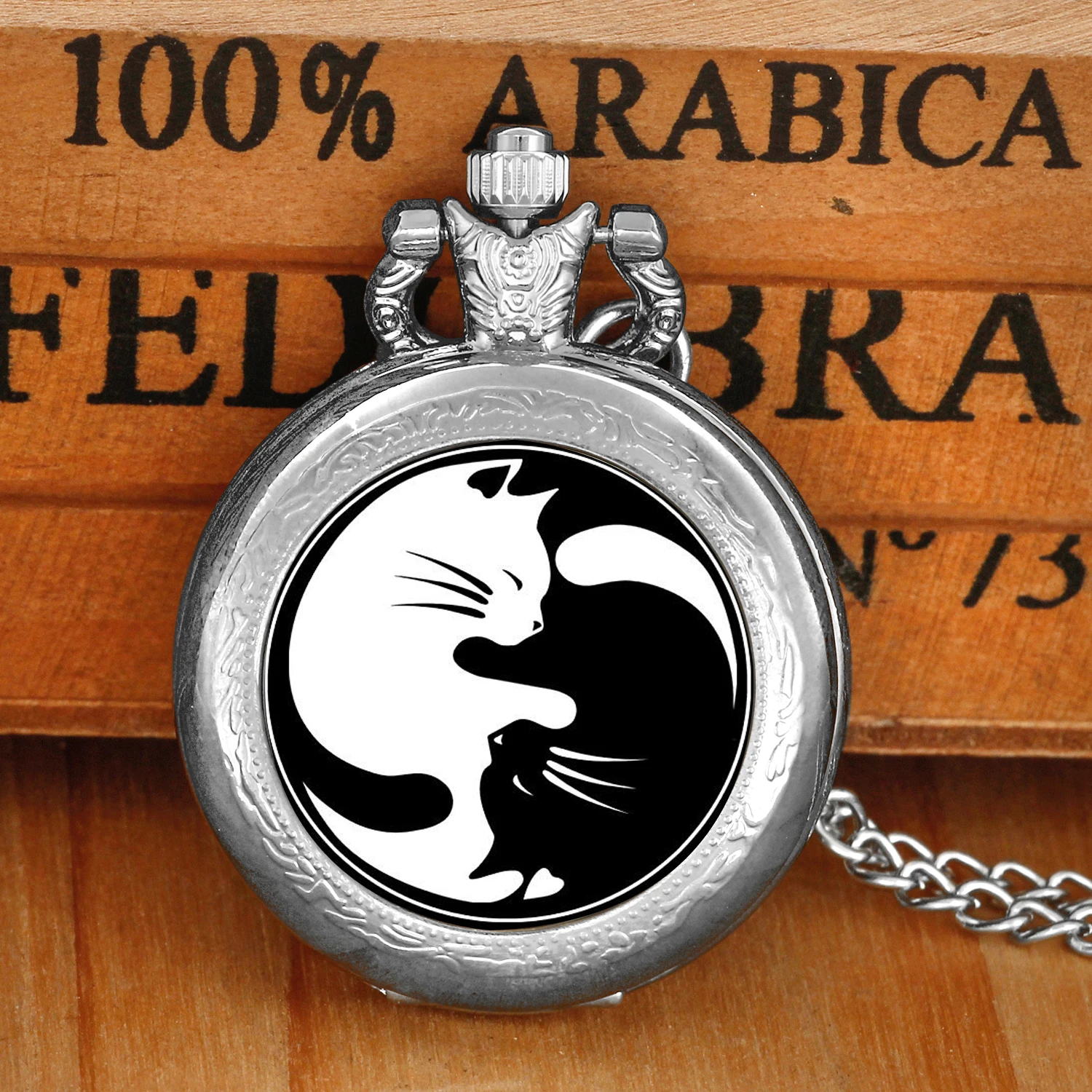 

Cat Yin and Yang Unique Quartz Pocket Watch for Women Men Necklace Pendant Clock Chain Kids Pendants Pocket Watch Jewelry Gifts