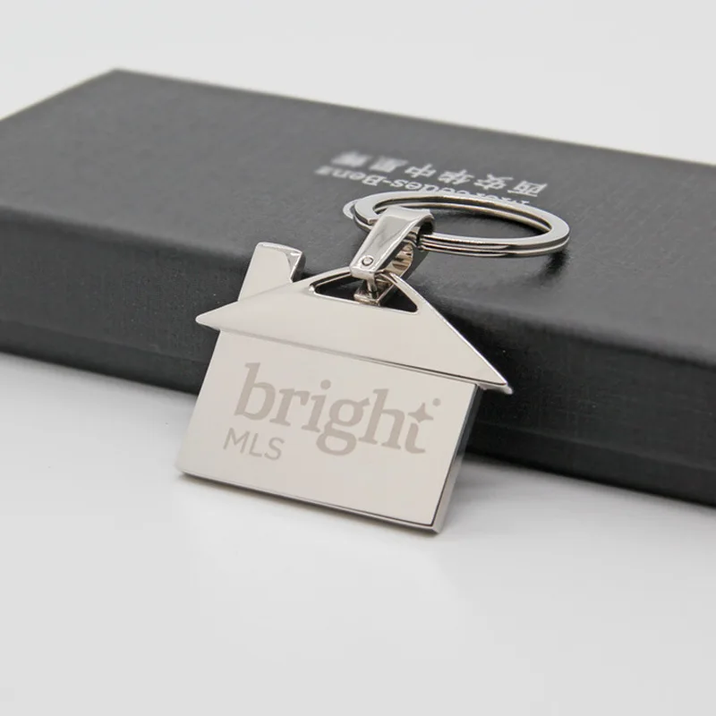 200 pcs Customized logo Chrome Metal House Shape Keyring Shiny Key Ring Chain Lover Wedding Gift