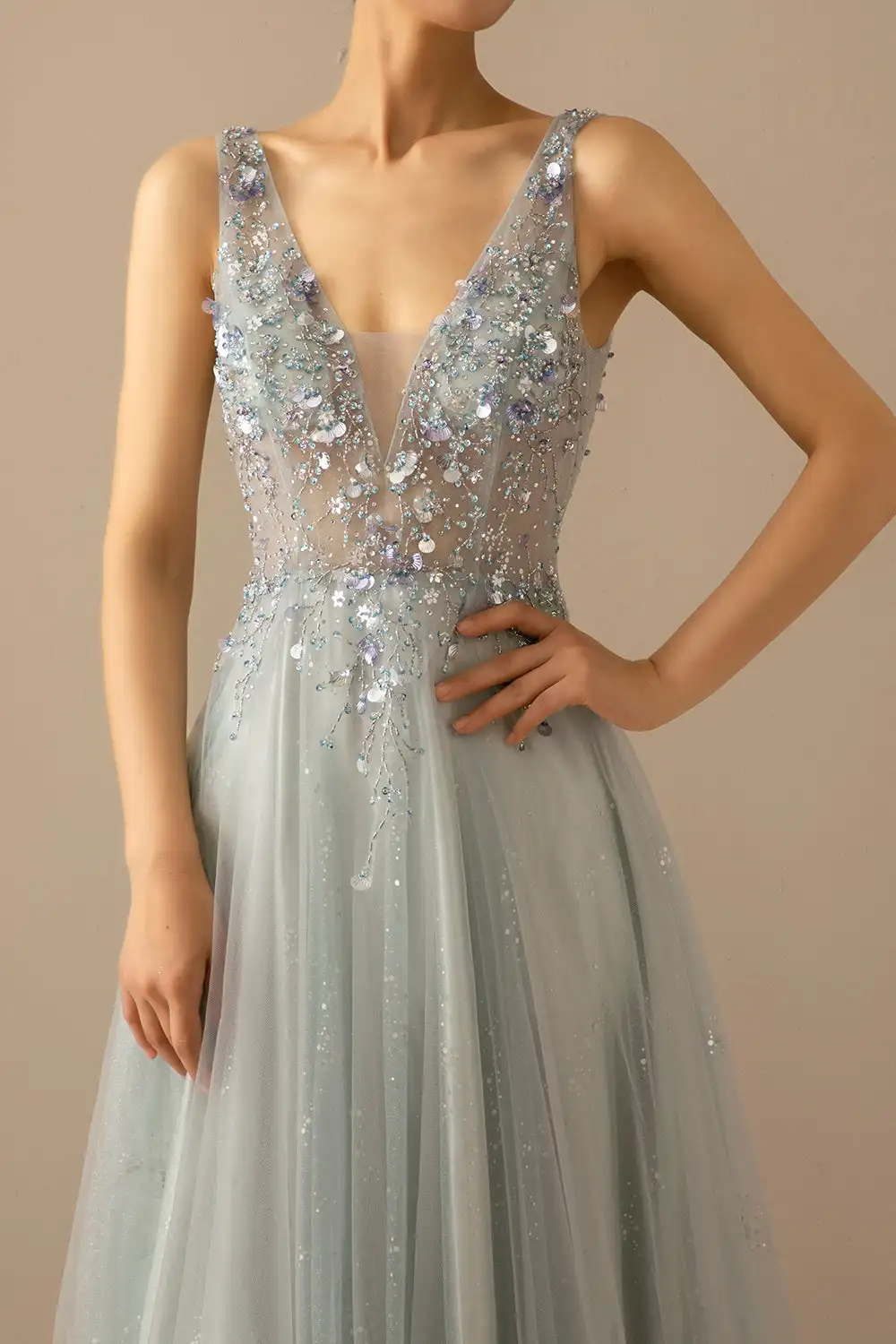 

Long A Line Tulle Grey Blue Evening Dress فساتين للمناسبات الرسمية