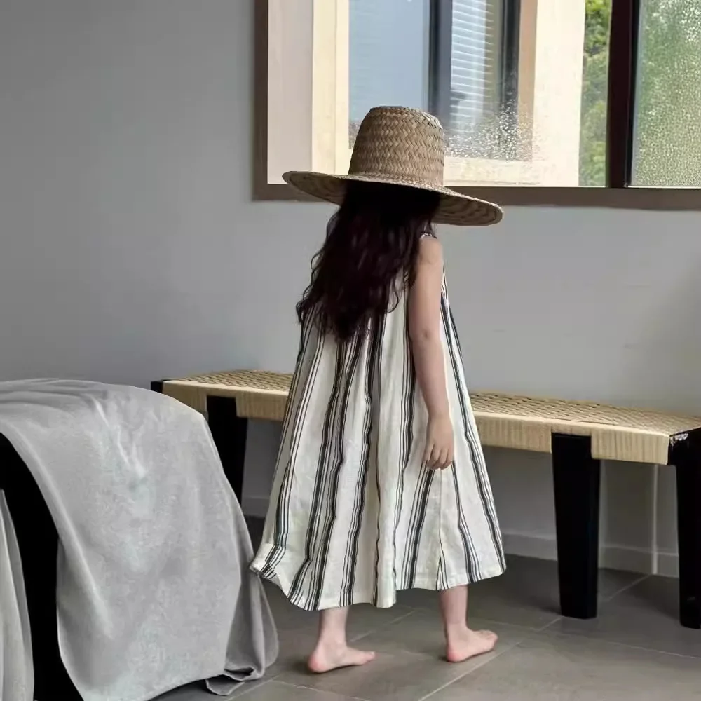 

Children Dress 2025 Summer New Korean Children Wear Korean Style Loose Western Vertical Striped Girls Causal Dress Girls Skirt