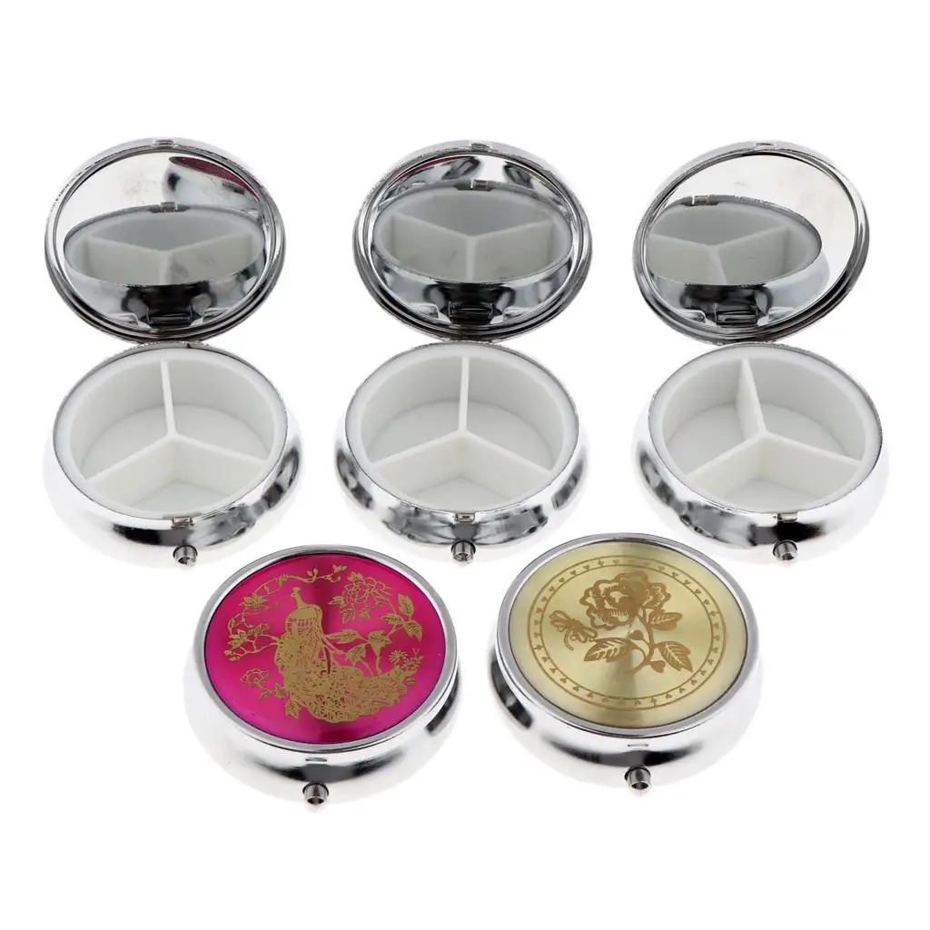 Small Pill Storage Box with Mirror Metal Pocket Pillbox 3 Compartments Daily Medicine Organizer for Purse Travel