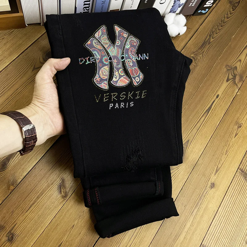 

Autumn printed black jeans fashion brand printed stretch slim fit skinny and all-matching casual light luxury trousers